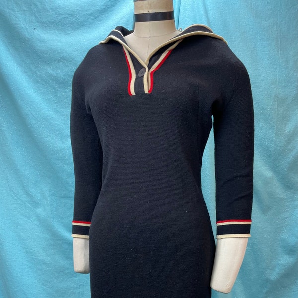 1950s/1960s W:26 Sailor collar black red cream Italian wool knit dress cuffed short sleeve sweater dress