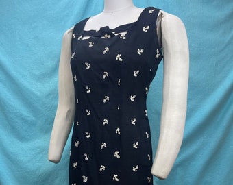 1950s W:32" Vintage 50s Little black dress Nautical anchors embroidery linen sleeveless cut out neckline