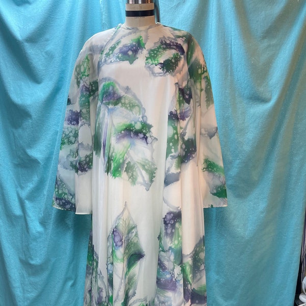 1960s/1970s W: up to 40” David Brown Kaftan dress dye crystals abstract watercolor print wide bell sleeves floor length