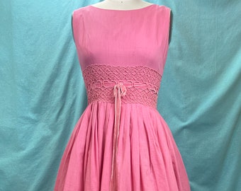 1950s/1960s W:26 Vintage Dress Pink Summer white cotton sleeveless century mcm fit and flare dress