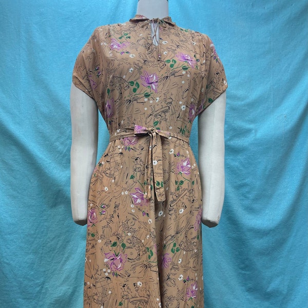 1940s W:30-38 Vintage Stork-a-line 40s day dress VOLUP Maternity Tan Beige Novelty Tea Party Floral Rayon