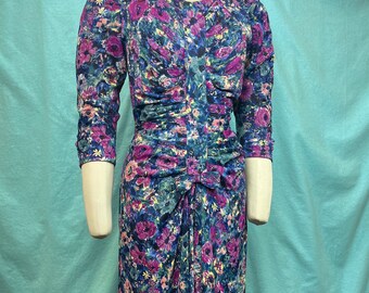 1940s W:33” Vintage Jeannie Brand 40s rayon black floral print surrealism asymmetrical basque short sleeve A-line skirt