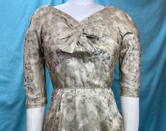 1960s W:27” Vintage Cocktail Dress Gold Grey MCM  Jacquard Pencil Wiggle