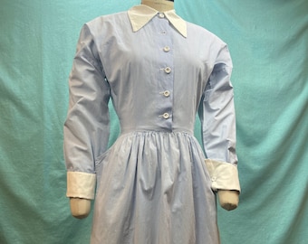 1930s W:25” Vintage 30s Milton C. Blum Button Up Dress wide Blue White Stripe collar cuffs gathered skirt pockets
