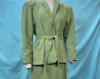 1940s W:30” Vintage 40s wool gabardine sage green waist tie jacket A-line skirt suit set 2PC side pockets