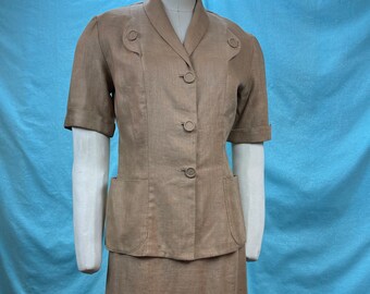 1940s/1950s W:26” McKettrick Linen Vintage 40s 50s Tailored Jacket Pencil Skirt Suit Set 2PC Tan Oatmeal