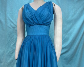 1950s W:23" MEO of California Vintage blue sheer chiffon dress mid riff yoke 50s Mid century modern MCM cocktail