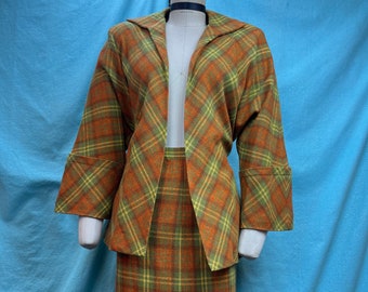 1940s W:25 Vintage set 40s jacket skirt wool plaid tartan swing coat pencil skirt green orange vintage suit 2PC