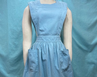 1940s W:25 Angelica vintage pinafore sleeveless apron uniform dress pockets canvas cotton linen sanforized blue aqua button up square neck