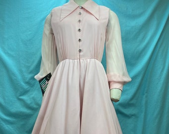 1960s W:26” Vintage 60s Dress Jobere dagger collar Nude Pink Chiffon Fit and Flare Rhinestone Buttons Long Sleeve prom bridal cocktail sheer