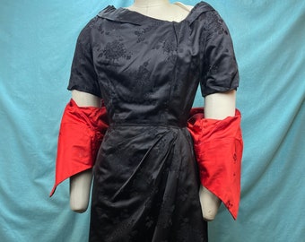 1950s W:25 Black silk Jacquard Satin Floral 2PC Red Reversible 50s vintage wiggle dress assymetrical drape portrait neckline short sleeve