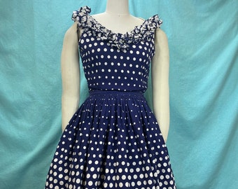 1950s W:26 50s 2PC set gradient print polka dot navy white frill sleeveless full circle skirt set picnic summer fit and flare