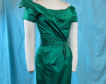 1950s/1960s W:25 Green Emerald Jewel Tone cocktail dress pencil wiggle dress fitted bodice draped neckline