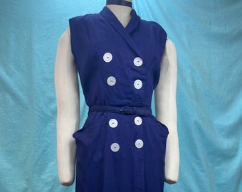 1940s/1950s W: 27” Reloms Vintage 40s 60s Navy Linen double breasted pockets button up dress with belt sleeveless