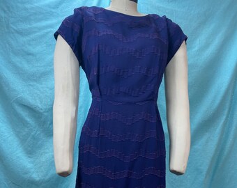 1950s/1960s W:34 Vintage royal blue Navy Rayon trompe l’oeil weave scoop neckline princess seam pencil wiggle skirt dress short sleeve