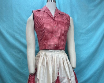 1950s W:28 50s 2PC set novelty bandana print polkadot red white rhinestone buttons collared sleeveless full circle skirt summer fit flare