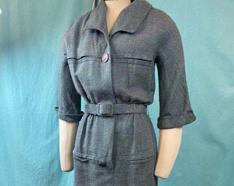 1950s W:26” BARNEY MAX designs California green purple marled tweed chic collared button down dress A line skirt coordinating belt