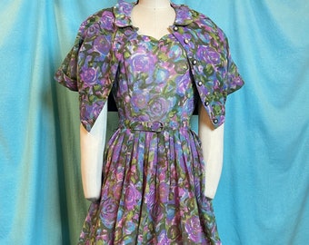 1950s/1960s W:27 Dress, jacket and matching belt watercolor floral pattern green blue purple sheer cotton fit and flare day dress.