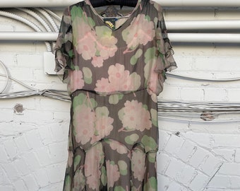 1920s W:32 Deco A line Sheer Crinkle Silk  Floral Chiffon Flute Sleeve Dress