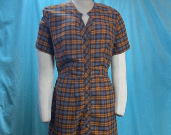 1950s/1960s W:30 Ann Taylor Original Picnic orange grey plaid cotton short sleeve button up shirtwaist day dress