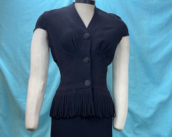 1930s/1940s W:23” Kay Collier Vintage 40s Crepe Black Two piece blouse Skirt set fringe loop A-line skirt rhinestone
