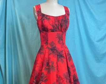 1950s W:26 KAMEHAMEHA exceptional Hawaiian tiki burnt orange mid century sleeveless dress bra cups fit and flare dress