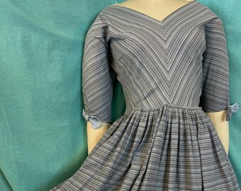 1950s W:26 Cotton Plunging V Neckline Baby Blue Black Stripe fit flare dress