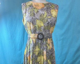 1960s W:27 mid century petite floral sheer cotton poly knife pleats scoop neckline sleeveless fit and flare day dress