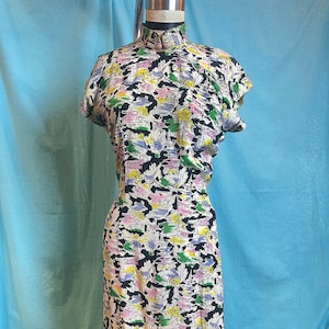 1940s W:25&quot; Rayon Watercolor Pagoda Novelty Print Artistic wiggle skirt cheongsam qipao dress