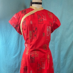 1960s W:30 Mid century cheongsam dress eastern print metallic paint red short sleeves mandarin collar pencil skirt Hawaii Honolulu