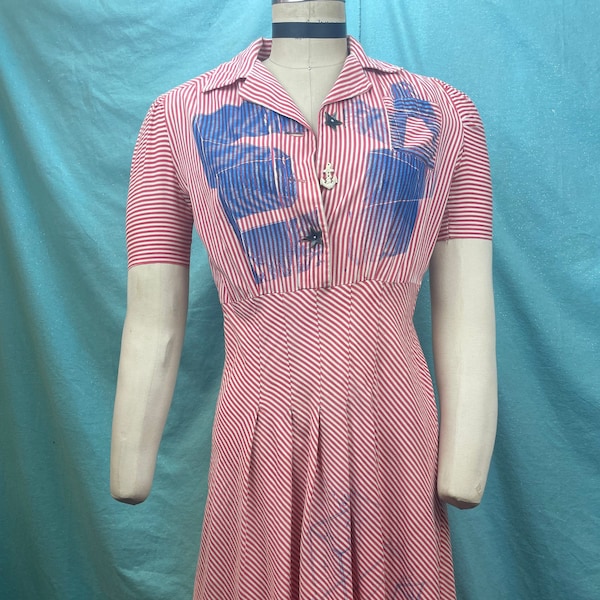 1940s W:26 Vintage 40s World War II WWII patriotic Americana dress with industrial mechanical print stripes nautical star anchor button up