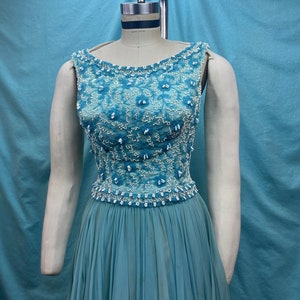 1950s/1960s W:25” Pat Sandler Vintage Designer 50s 60s Mildred Moore Aqua Blue Silk Chiffon beaded bodice floral dress cocktail sleeveless