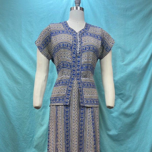 1940s W:36 Vintage 40s day dress VOLUP rayon blue beige chain geometric floral short sleeve peplum Aline skirt