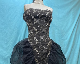 1950s W:24 Vintage 50s Cocktail Dress Avant Garde Lurex Organza Black Silver Corset Strapless Exaggerated Hip Drapes VLV Bombshell Hollywood