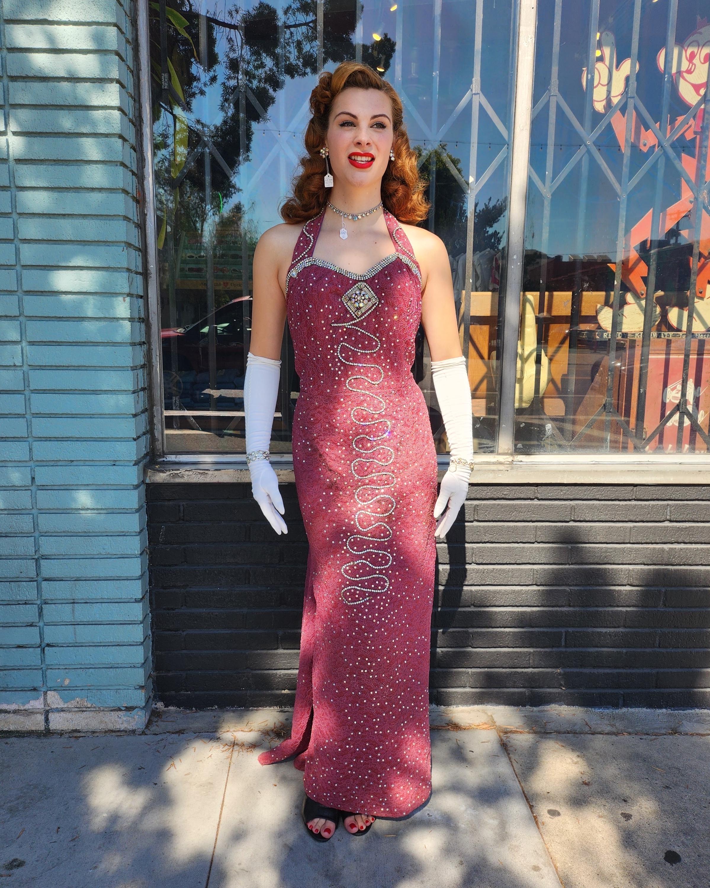 green emerald velvet dress Stunning Satin and Rhinestone Ruby Red Burlesque Adult Costume Rent / Small