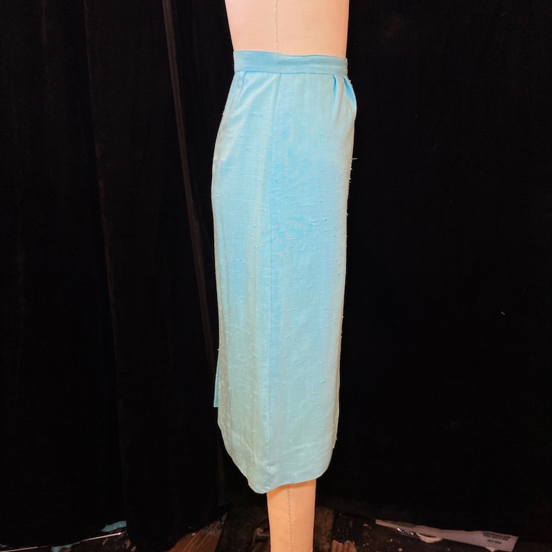 1950s/1960s W:27 FUN TIME aqua nubby rayon linen pleated waist pencil wiggle skirt image 2