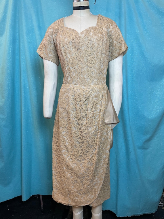 1950s W:33 GLEN JOAN gold beige lace acetate dres… - image 1