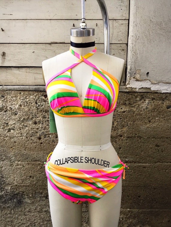 1960s two piece neon psychedelic poly low waist bi