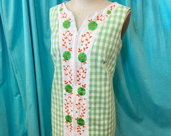 1960s B:42 LISANNE lime green white poly cotton gingham orange floral embroidered front zip sleeveless scoop V neck A-line shift dress