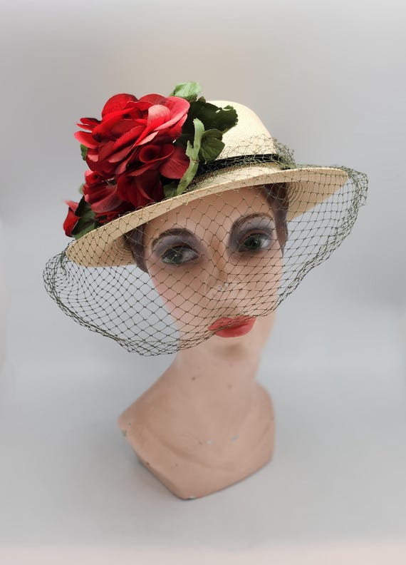 Buy 1930s 1940s Light Tan Straw Sun Hat W/ Dark Olive Green 