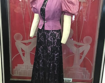 1930s 1940s black silk floral keyhole floor length short sleeve gown w/ matching taffeta puff sleeve bolero jacket and purple acetate slip