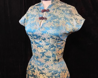 1940s/1950s W:22 BARNETT aqua chartreuse mauve tan Asian brocade short sleeve mandarin collar keyhole neckline pencil wiggle cheongsam dress