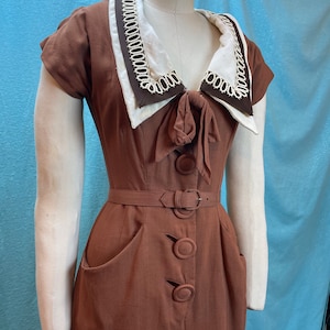 1940’s/1950’s W:28 Mademoiselle Juliette Rayon linen collar pockets A-line skirt chocolate brown belt bild 4
