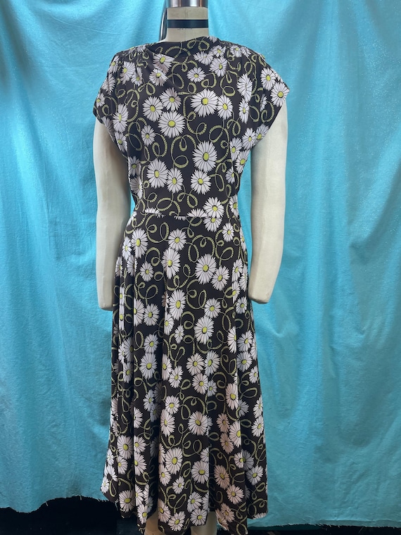 1940s W:28 Brown White Lime Green Daisy Rayon A-line Dress Bias Rayon