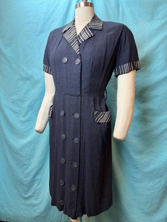 1940s W:34" 40s vintage wool dress grey button down shirt dress cotton V neck A-line skirt day dress