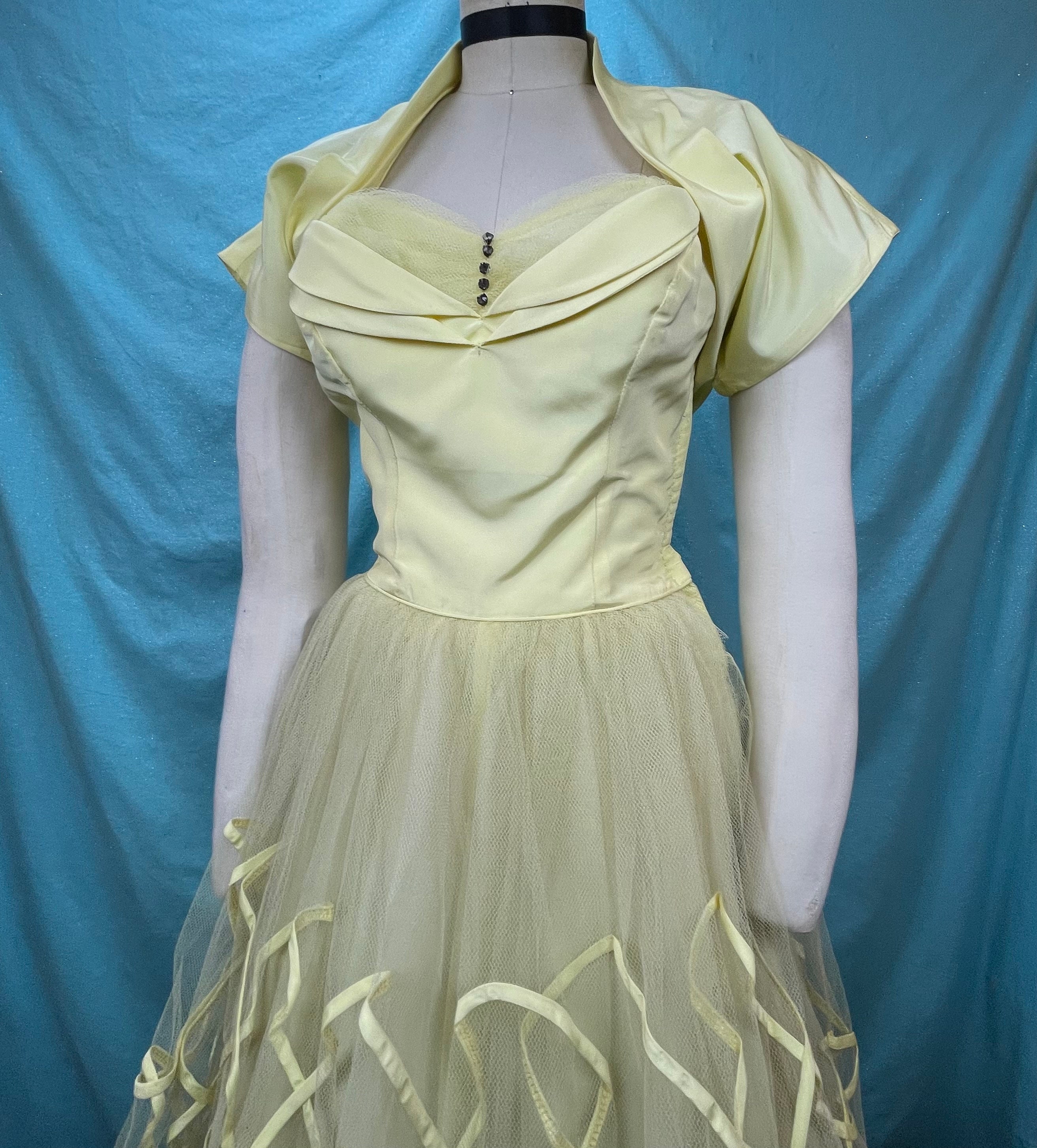 1950s W:24 Vintage Prom 2 Piece Mellow Yellow Prom Gown Cocktail Dress  Puffed Tulle Fit and Flare Net Bustier Sleeveless Jacket - Etsy