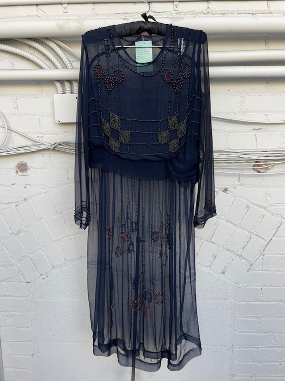 1920s silk chiffon dress Roaring 20s formal dress in dark blue chiffon with handkerchief hem