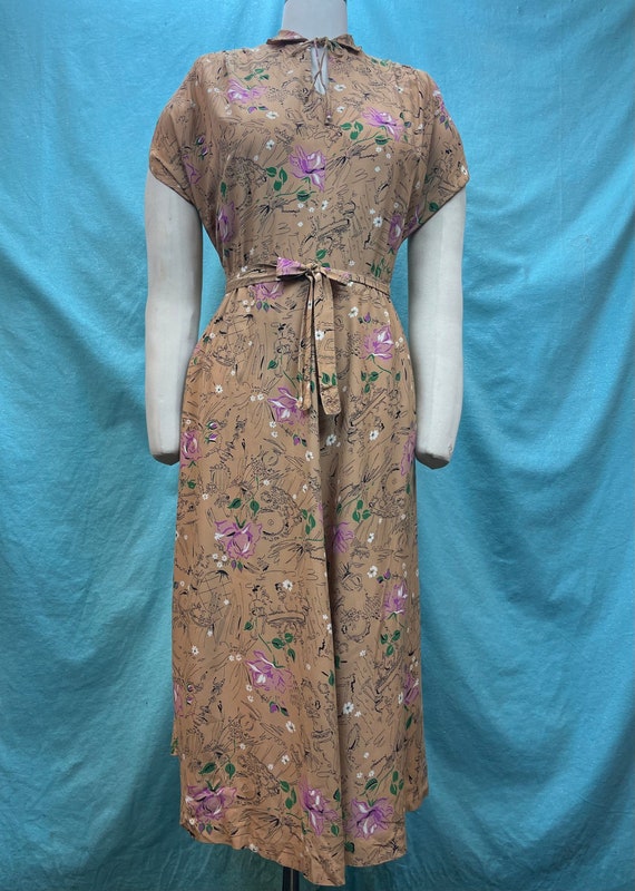 1940s W:30-38 Vintage Stork-a-line 40s Day Dress VOLUP Maternity Tan Beige  Novelty Tea Party Floral Rayon - Etsy