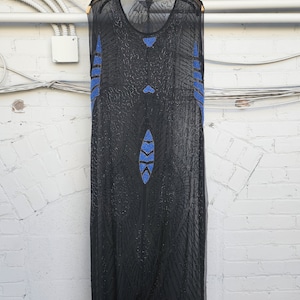 1920s B:44in Black Blue Silk Chiffon Flapper Dress Hand Beaded Tabard with Seeded Glass Beads