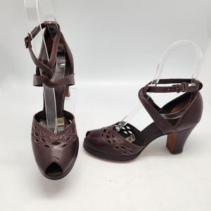 1940s Sz:5.5 AAA Brown Double Woven Strappy Ankle Side Cut Out Peep Toe Low Heels Troylings
